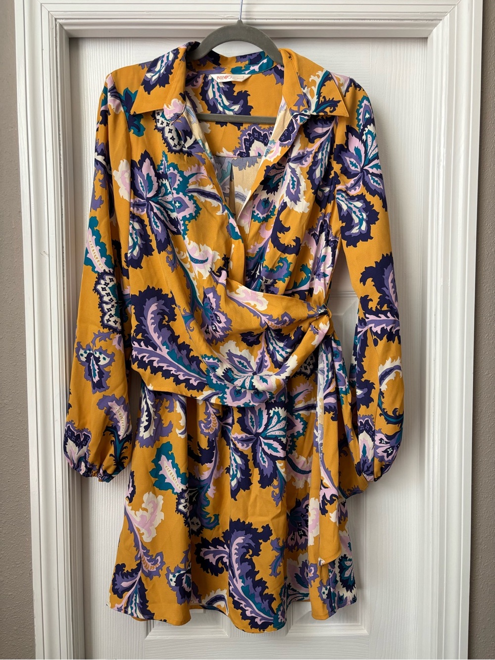 Mustard Floral Long-Sleeve Wrap Dress with Purple & Teal Accents